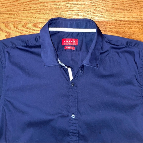 Zara Blue Button-Up Super Slim Fit Shirt - Size Large - Picture 4 of 8